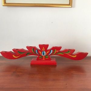 Vintage hand painted Swedish rosemaling wooden candelabra